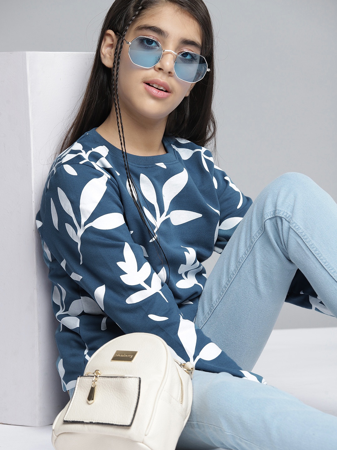 

YK Girls Teal Blue & White Leaf Print Sweatshirt