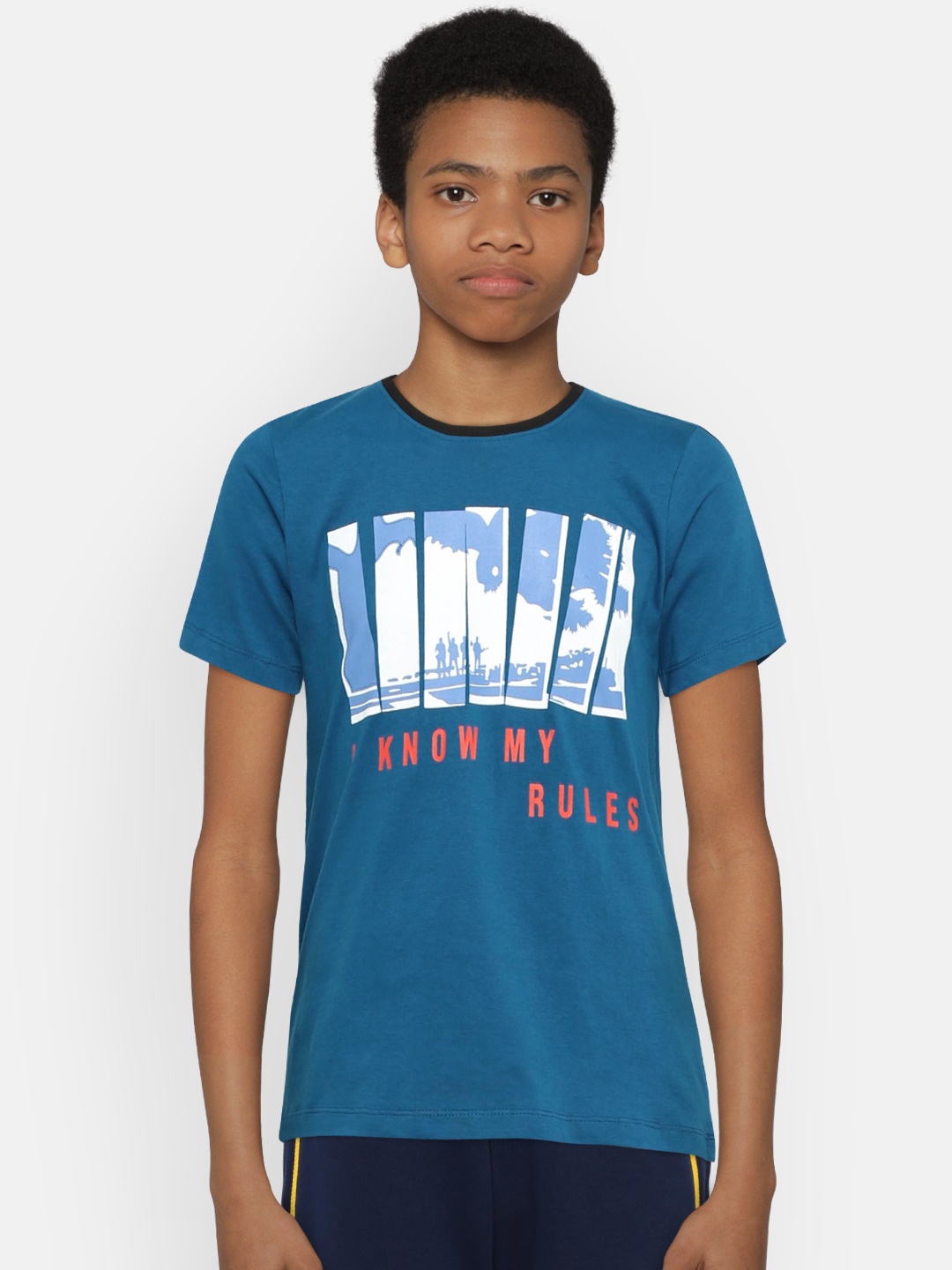 

YK Boys Teal Blue Printed Round Neck T-shirt