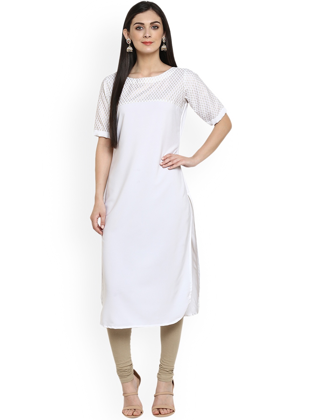 

ZIYAA Women White Solid Straight Kurta