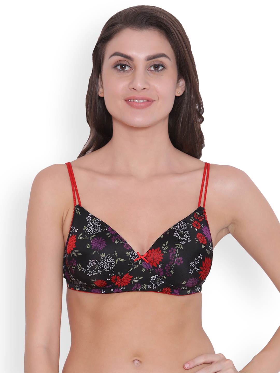 

Clovia Padded Non-Wired Floral Print T-Shirt Bra, Black