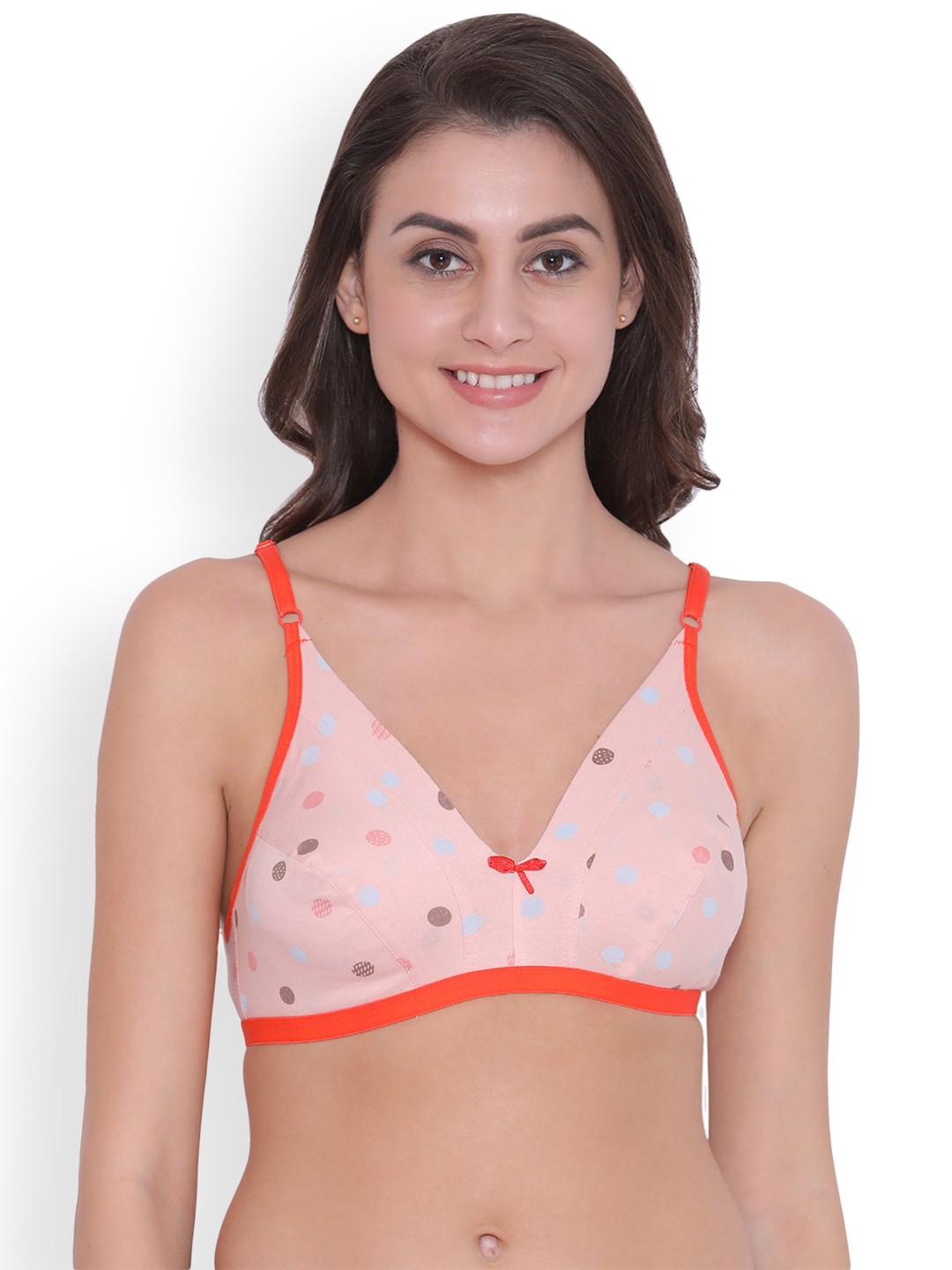 

Clovia Cotton Non-Padded Non-Wired Printed Plunge Bra, Peach