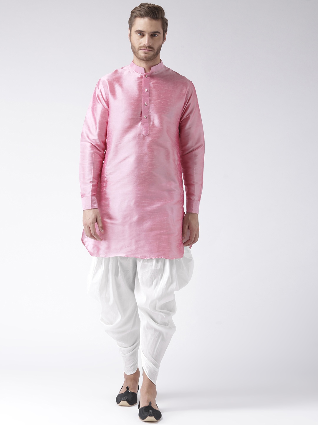 

Hangup Men Pink & White Solid Kurta with Dhoti Pants