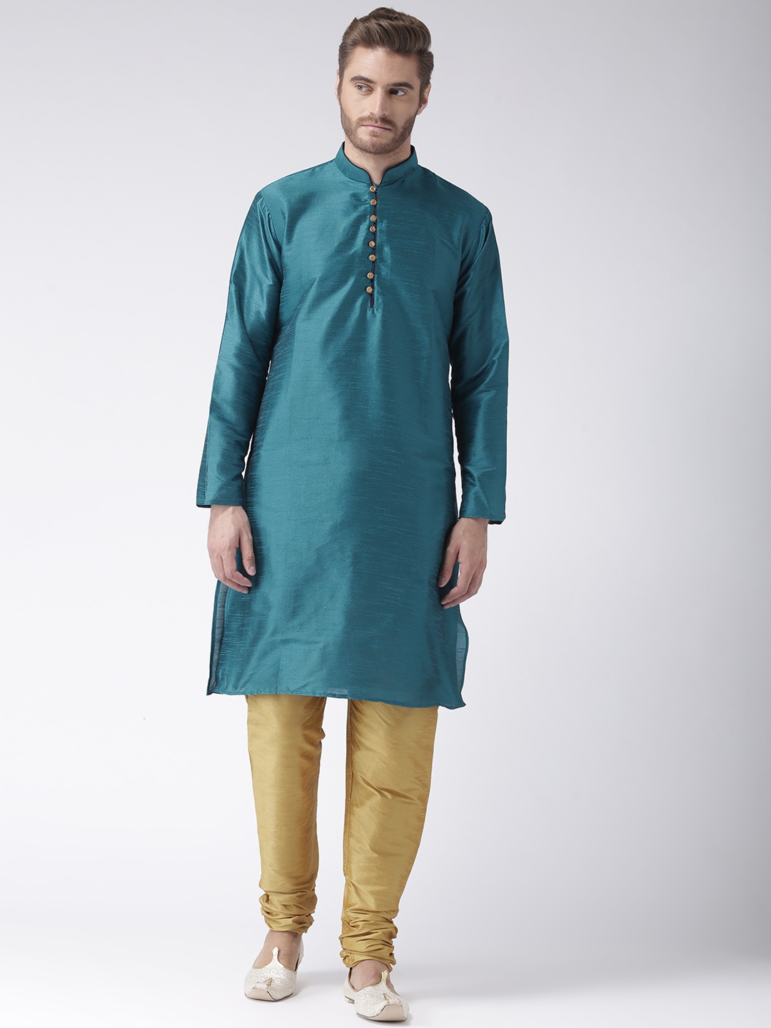 

Hangup Men Turquoise Blue & Mustard Yellow Solid Kurta with Churidar