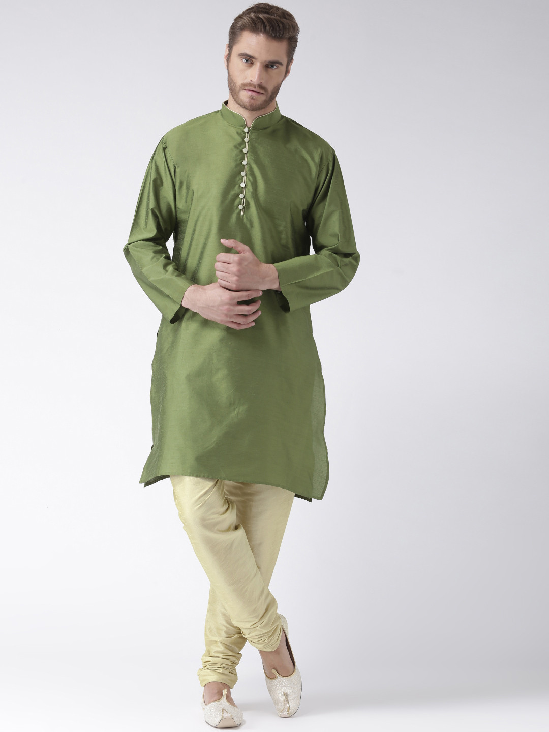 

Hangup Men Green & Cream-Coloured Solid Kurta with Churidar