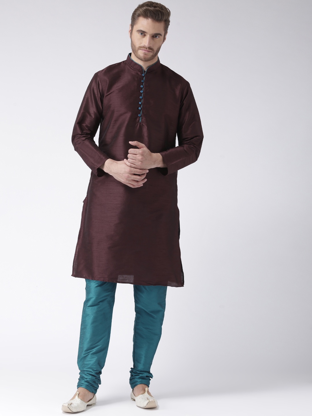 

Hangup Men Brown & Teal Blue Solid Kurta with Churidar