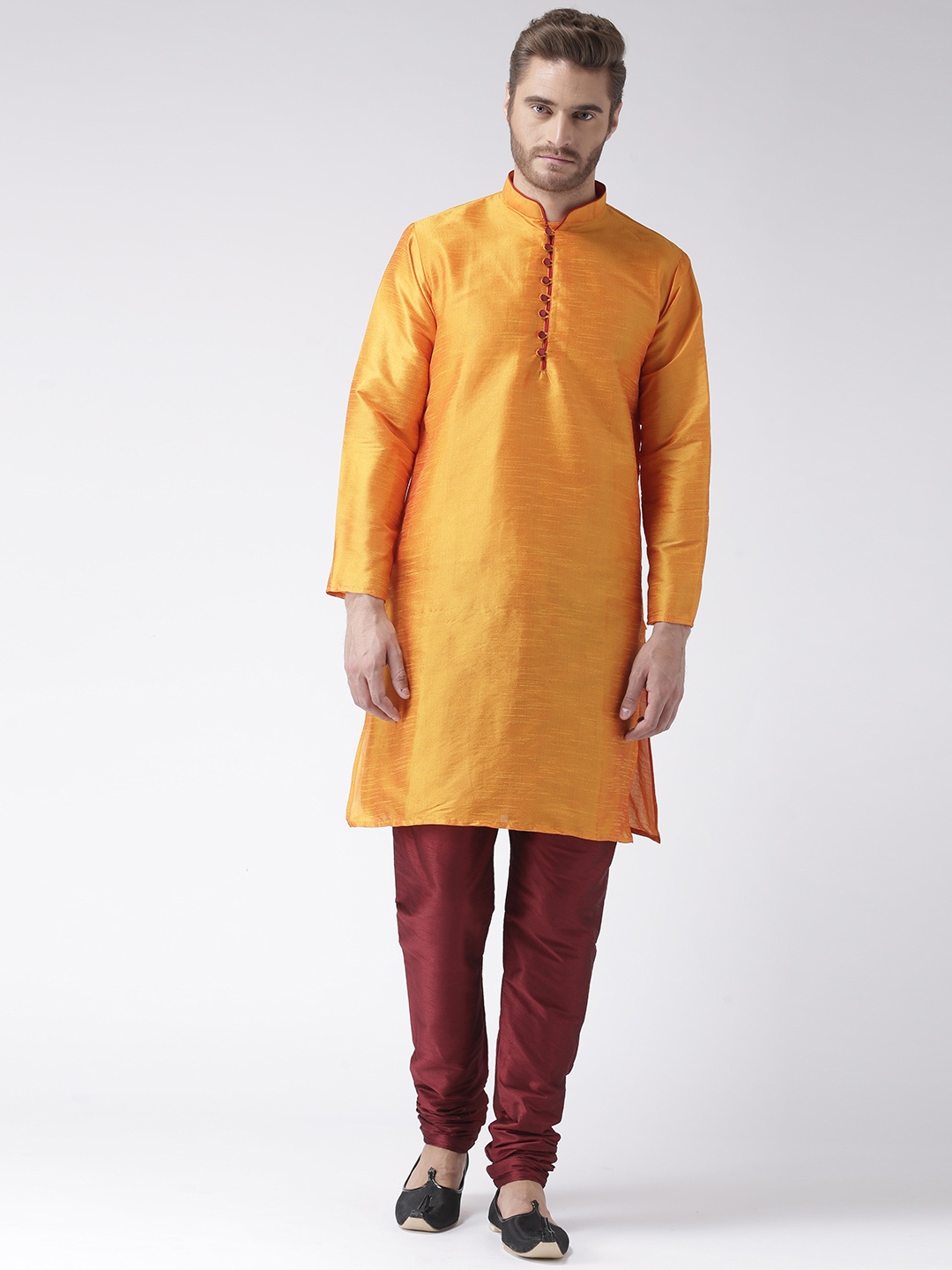 

Hangup Men Orange & Maroon Solid Kurta with Churidar