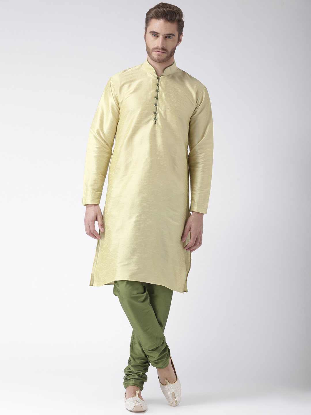 

Hangup Men Cream & Green Solid Kurta with Churidar