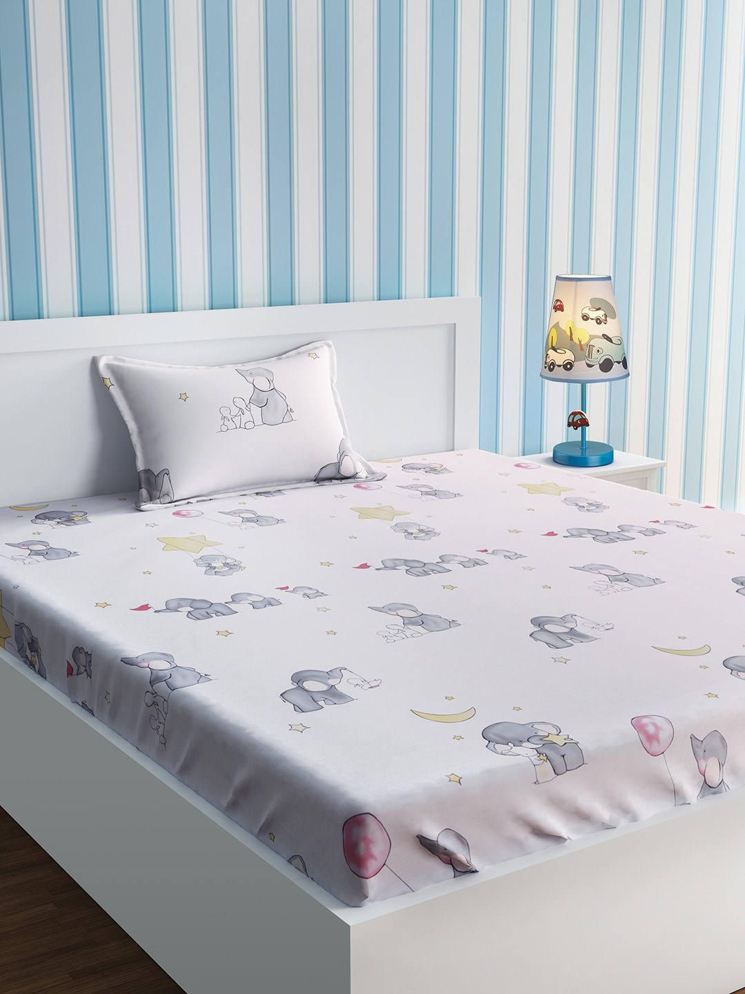 

URBAN DREAM Off-White Cartoon Characters Flat 210 TC Cotton 1 Single Bedsheet with 1 Pillow Covers