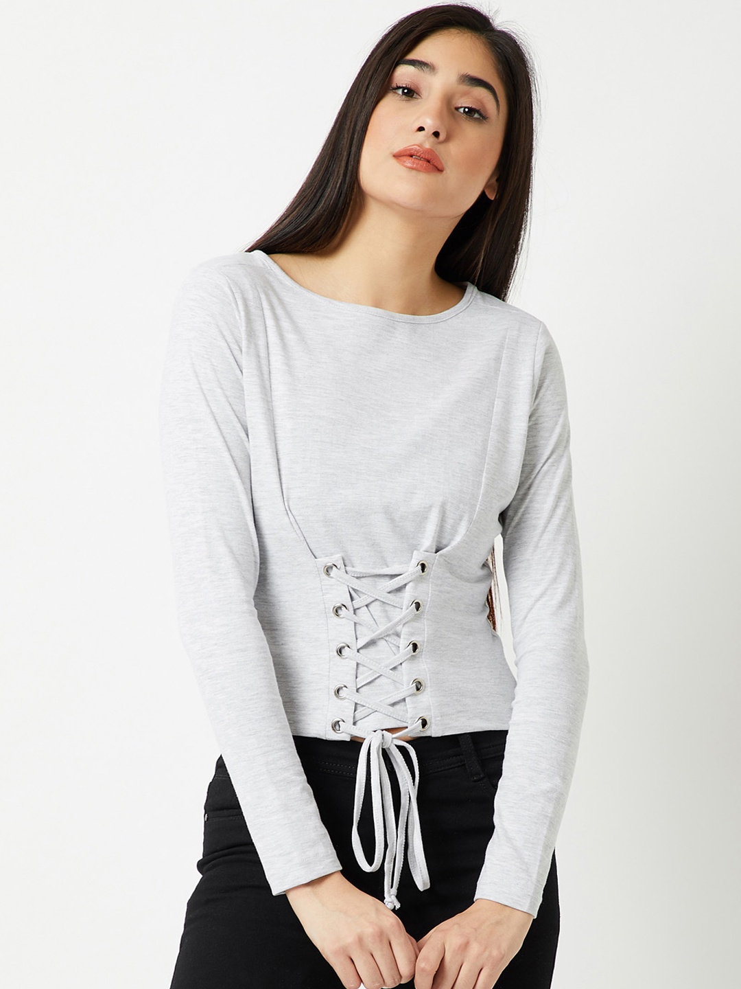 

Miss Chase Women Grey Solid Cinched Waist Pure Cotton Top