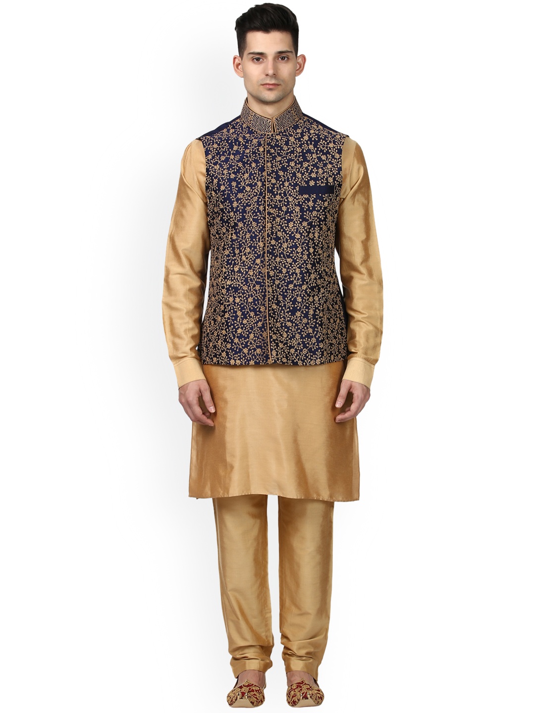 

ethnix Men Beige & Navy Blue Solid Kurta with Pyjamas & Nehru Jacket