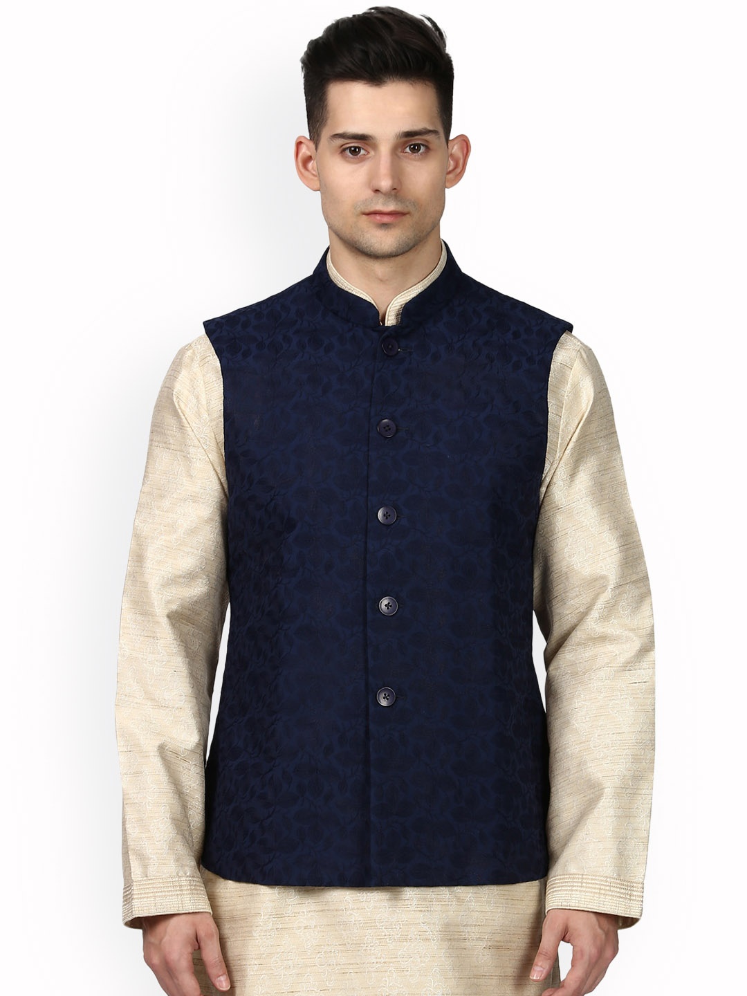 

ethnix Navy Blue Woven Design Nehru Jacket