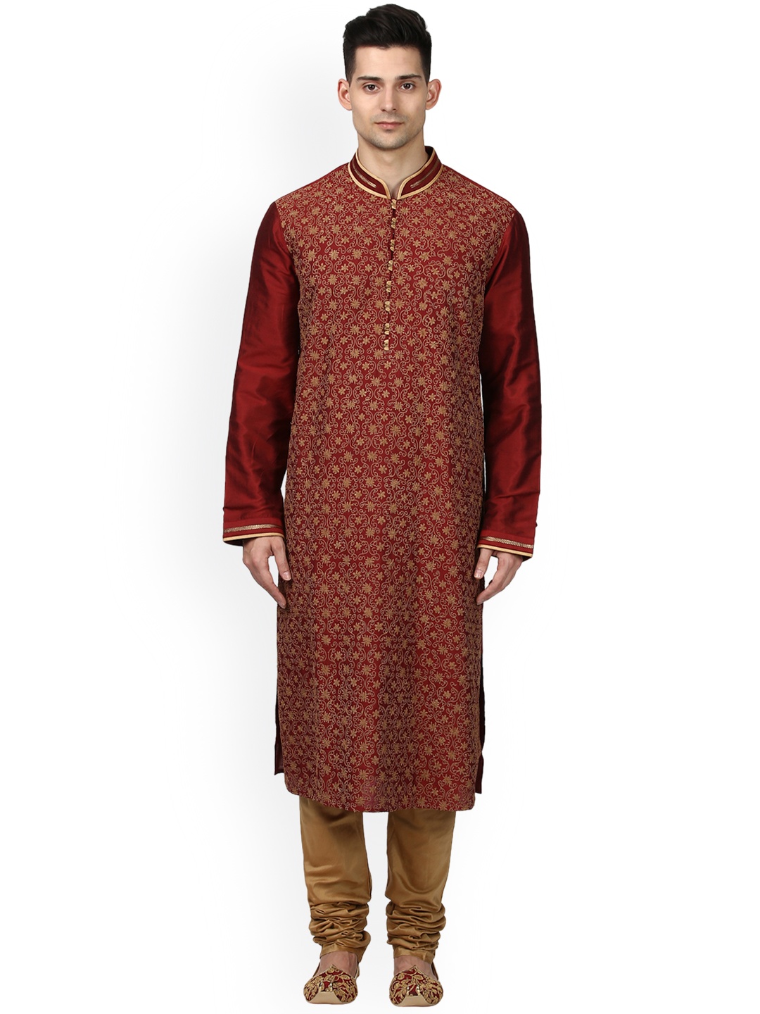 

ethnix Men Maroon & Brown Embroidered Kurta with Churidar