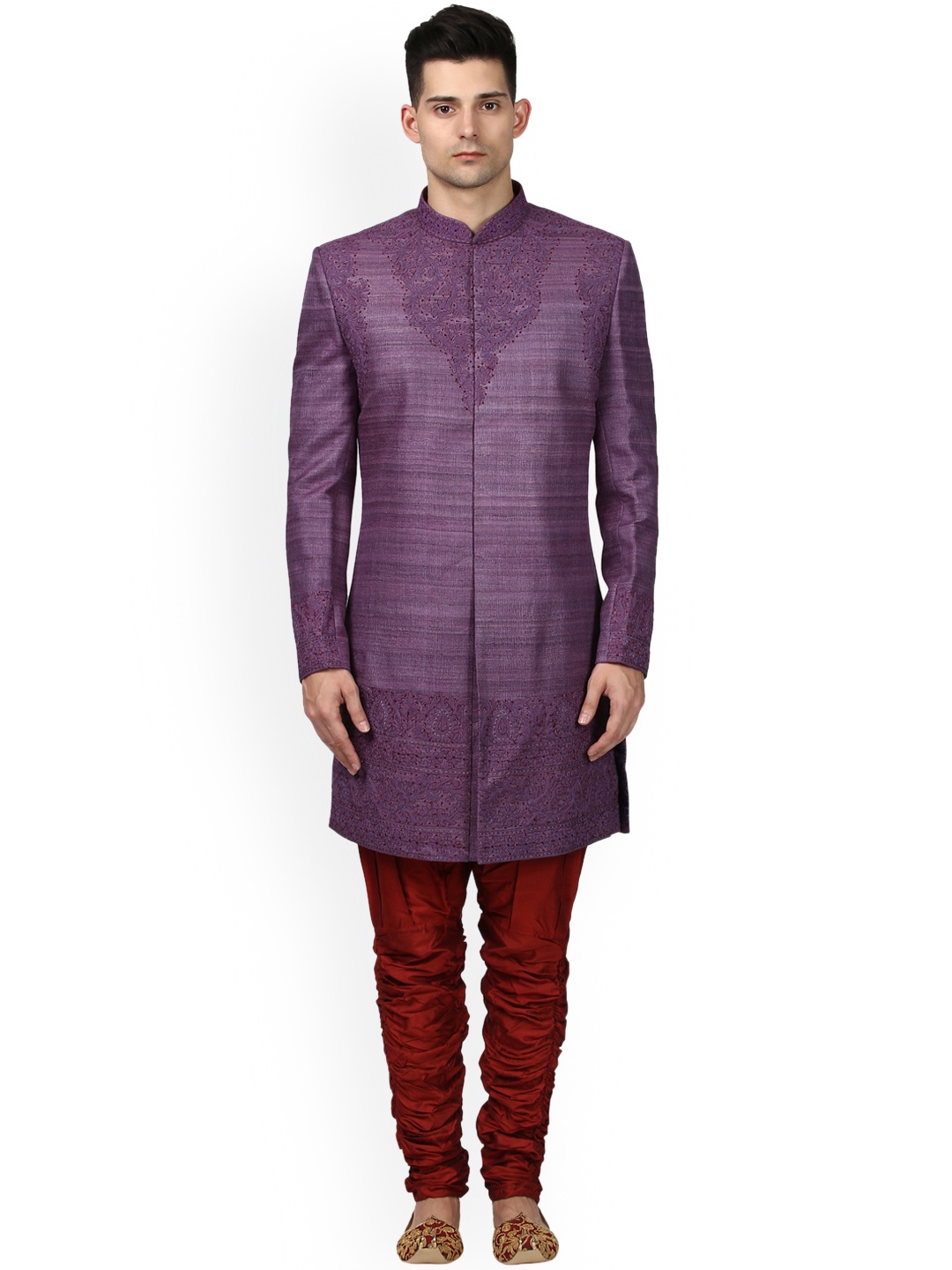 

ethnix Men Mauve & Maroon Silk Woven Design Sherwani