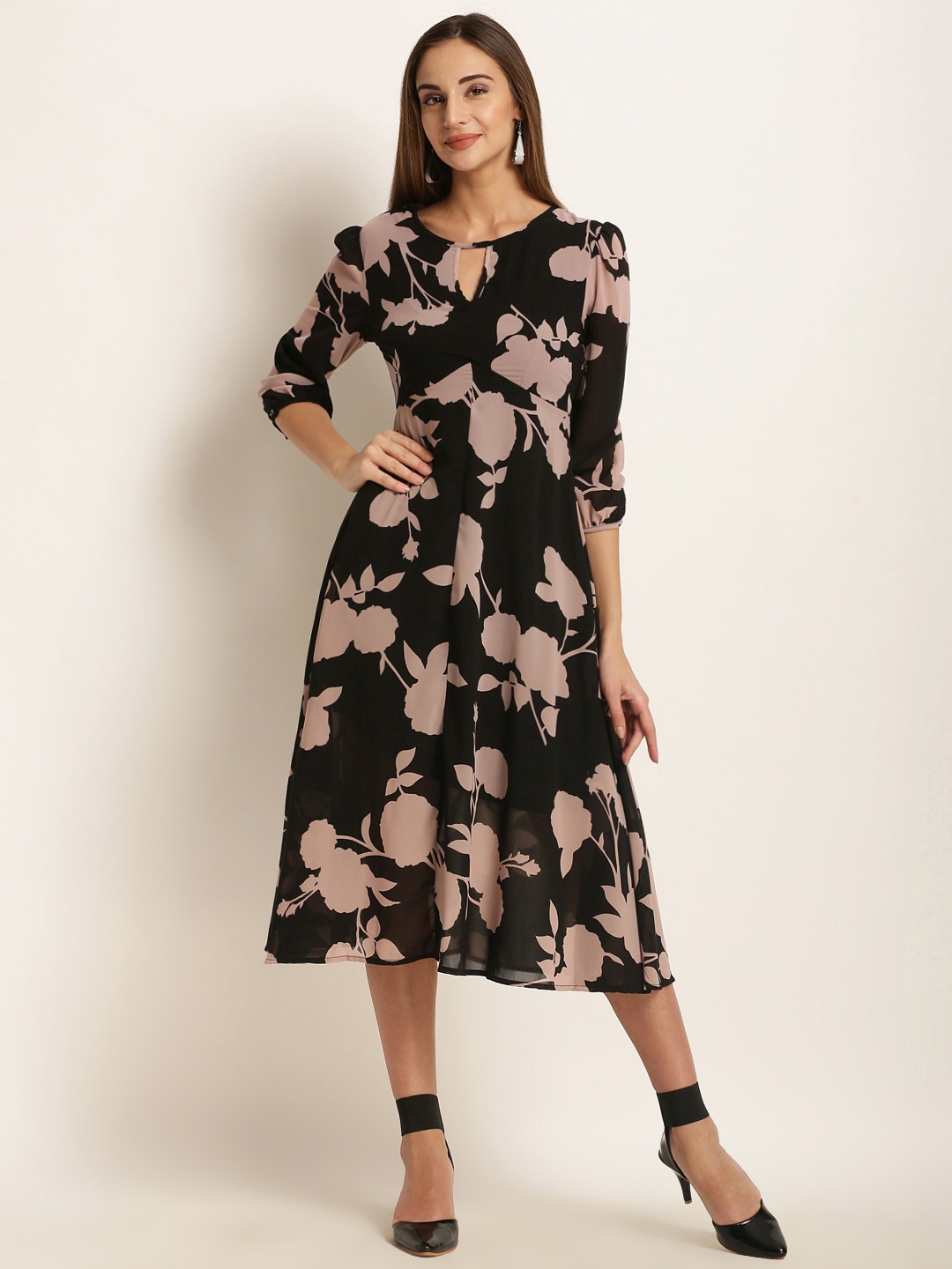 

Harpa Black Floral Print Fit and Flare Dress