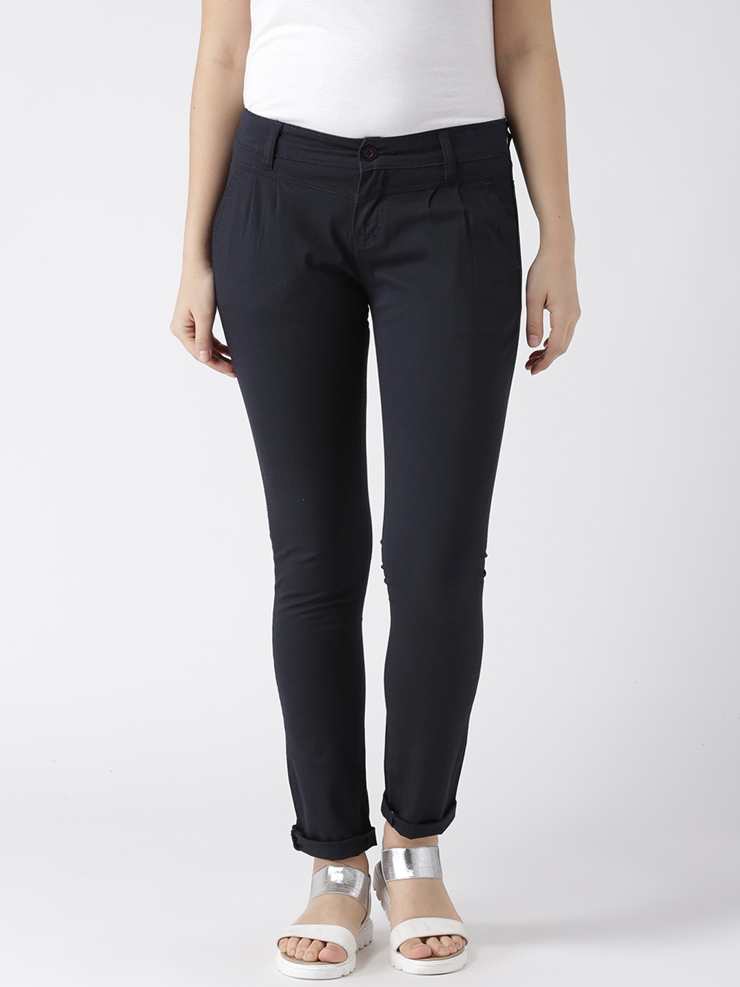 

Fashion Cult Women Navy Blue Slim Fit Solid Cigarette Trousers