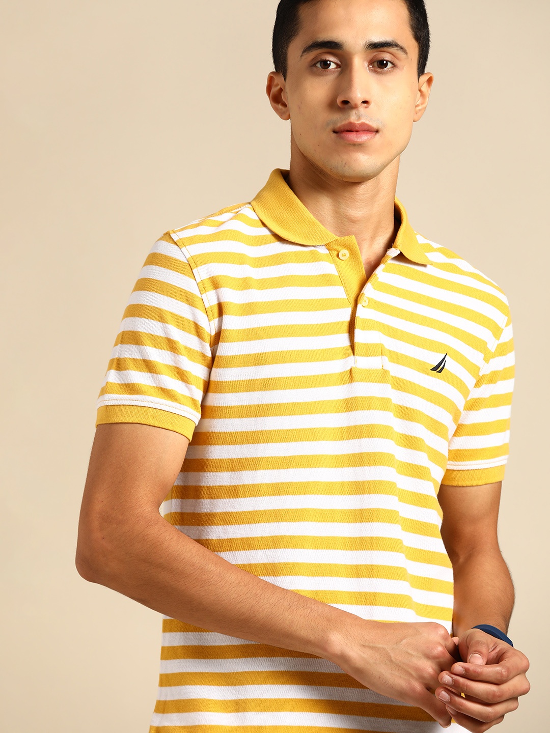 

Nautica Men Yellow & White Striped Cotton Slim Fit T-shirt