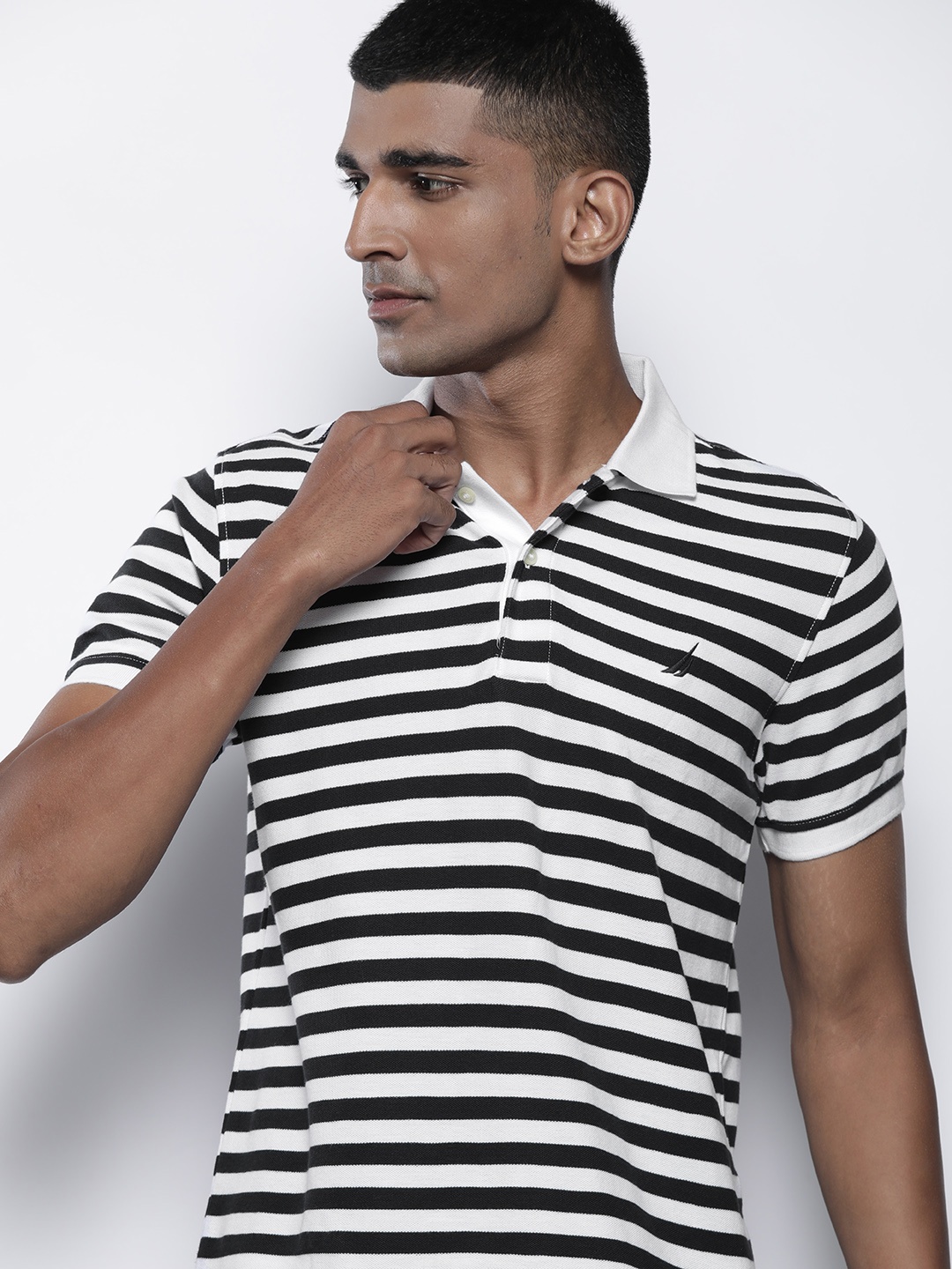 

Nautica Men Navy Blue & White Striped Polo Collar Pure Cotton T-shirt