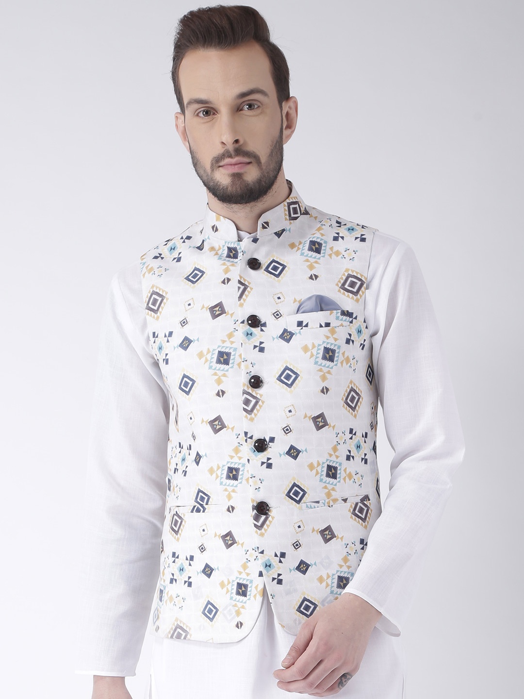 

Hangup Men White Geometric Print Nehru Jacket