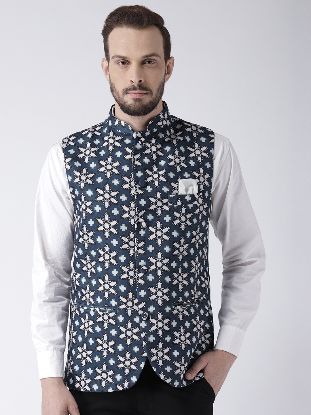 

Hangup Men Blue & White Floral Print Nehru Jacket