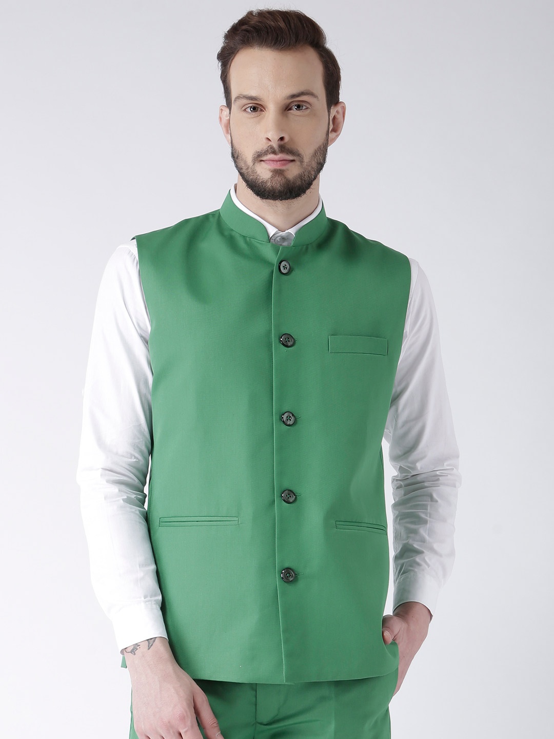 

Hangup Men Green Solid Nehru Jacket