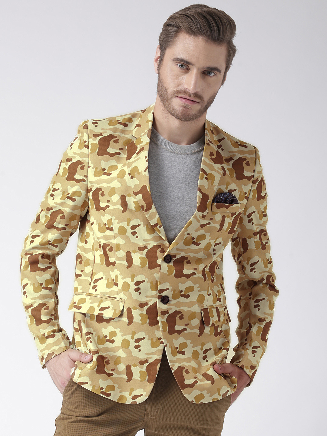 

Hangup Yellow & Grey Printed Single-Breasted Bandhgala Blazer