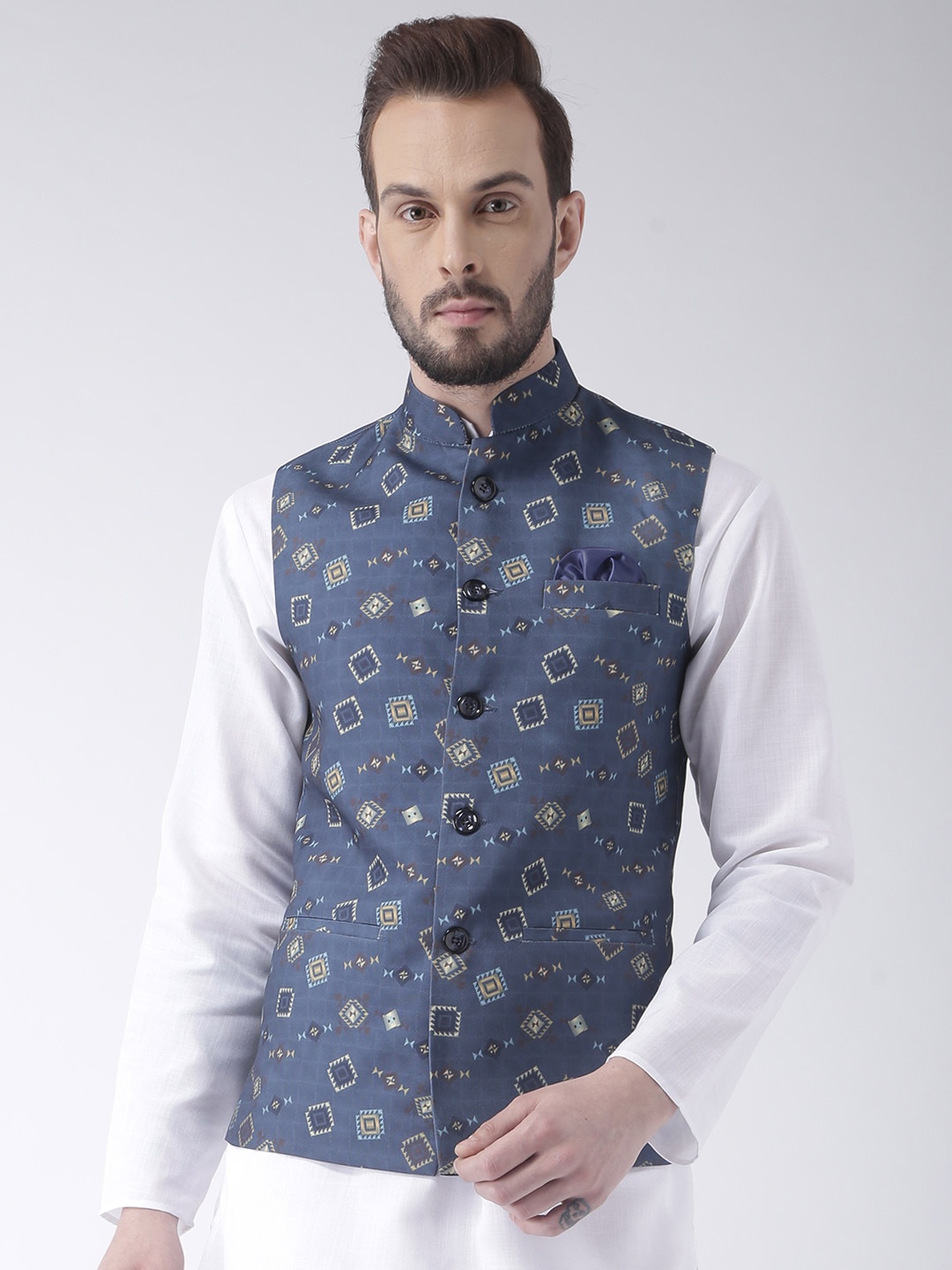 

Hangup Men Blue Geometric Print Nehru Jacket