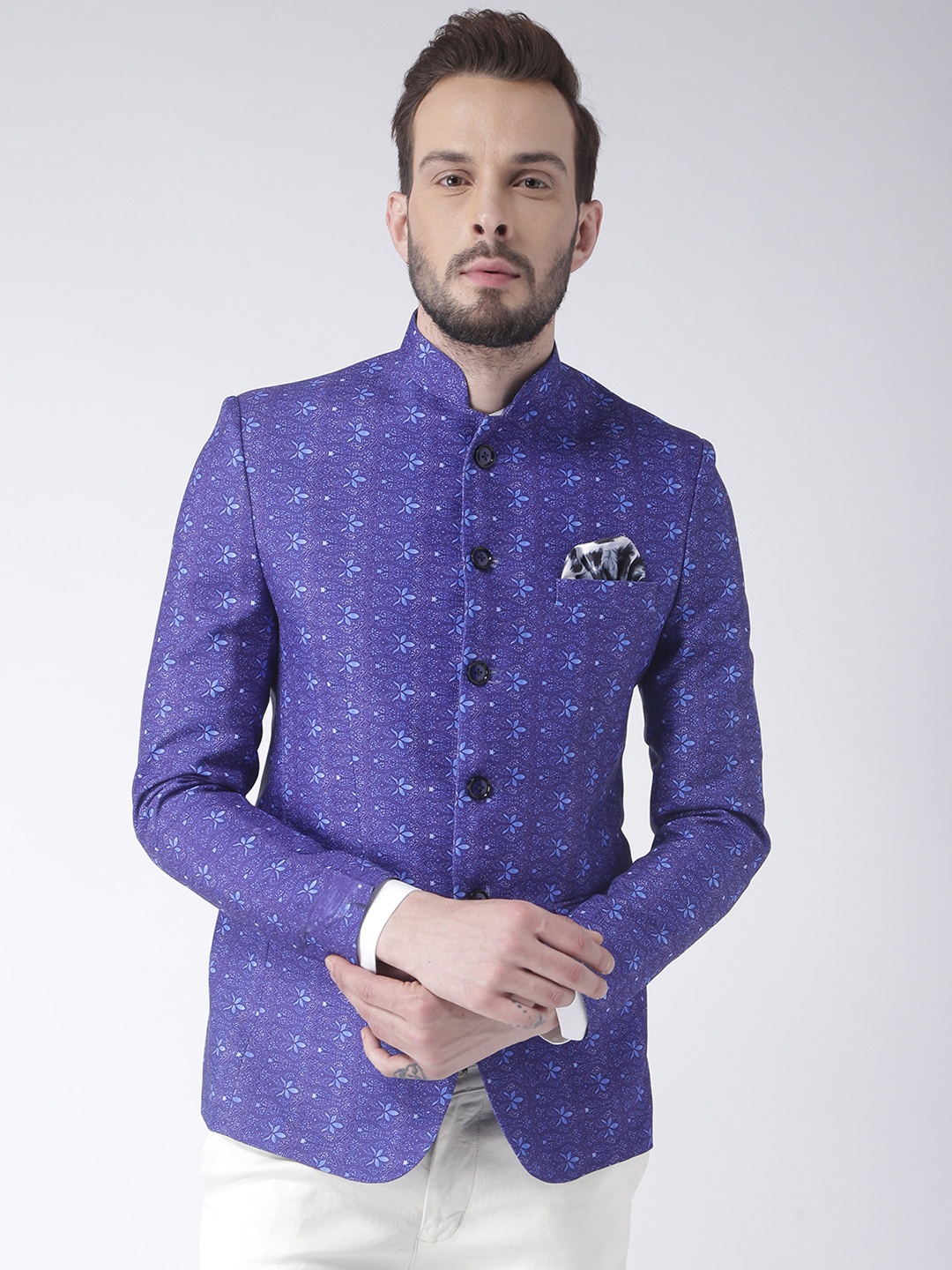 

Hangup Blue Printed Single-Breasted Bandhgala Blazer