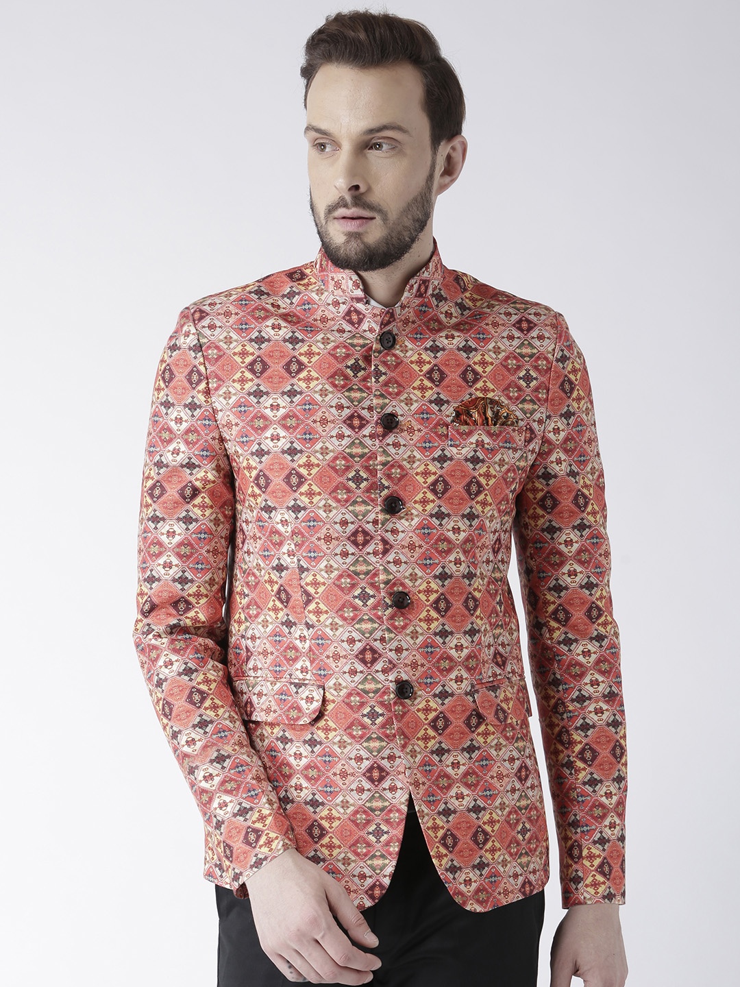 

Hangup Red & Coral Printed Single-Breasted Bandhgala Blazer