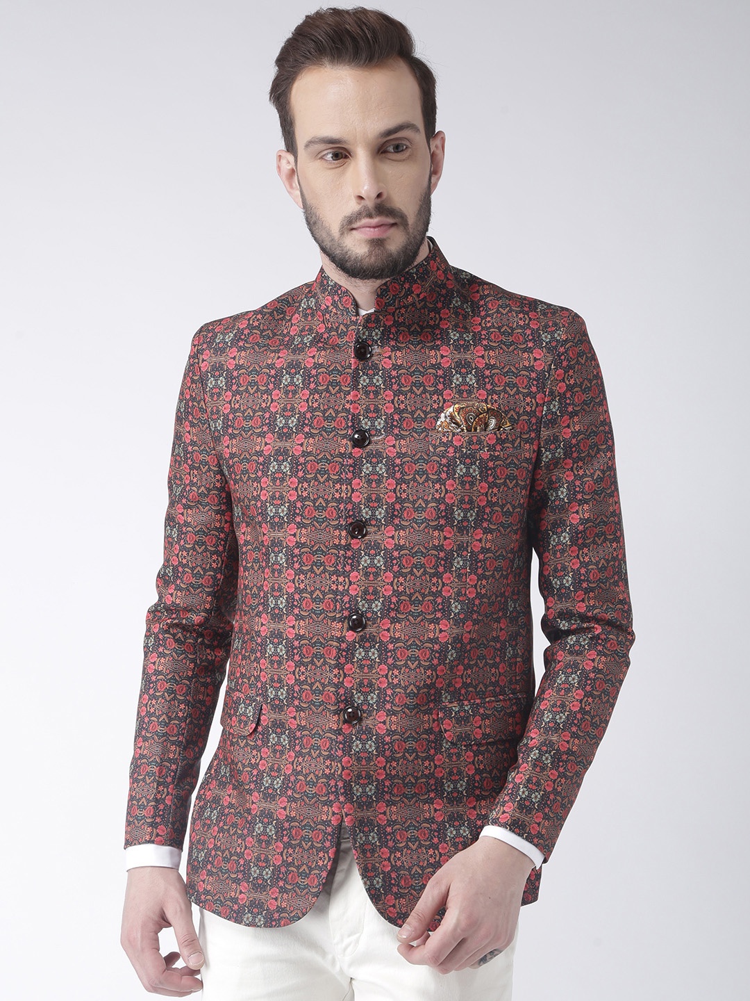 

Hangup Brown & Pink Printed Single-Breasted Bandhgala Blazer