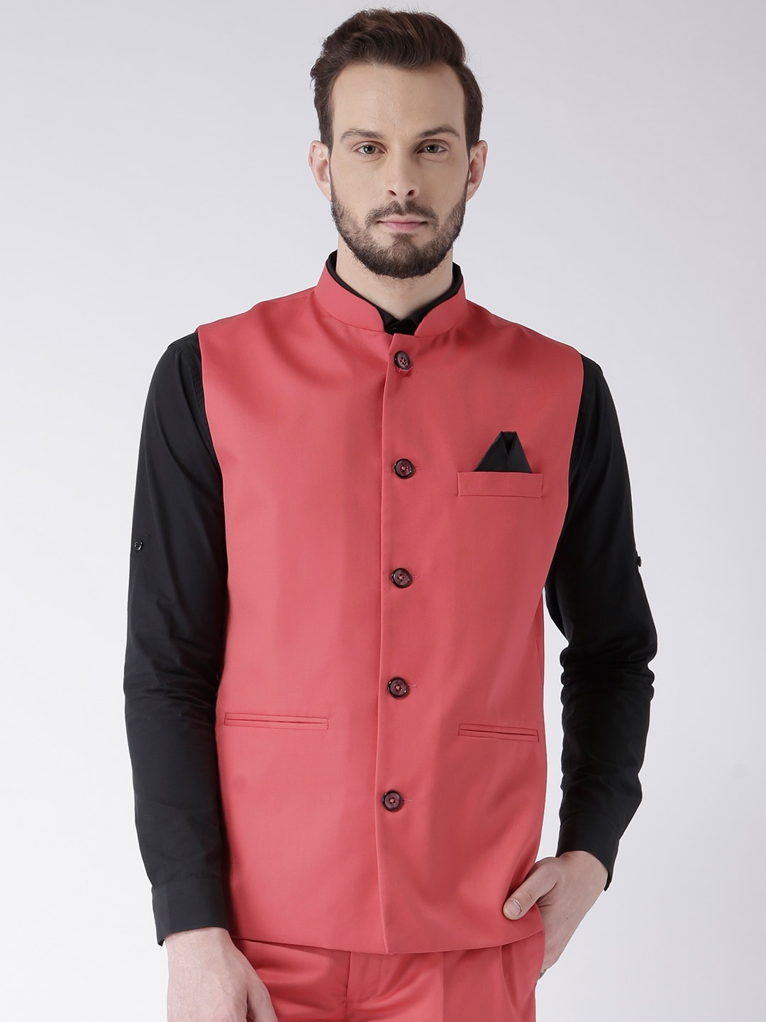 

Hangup Men Coral Red Solid Nehru Jacket