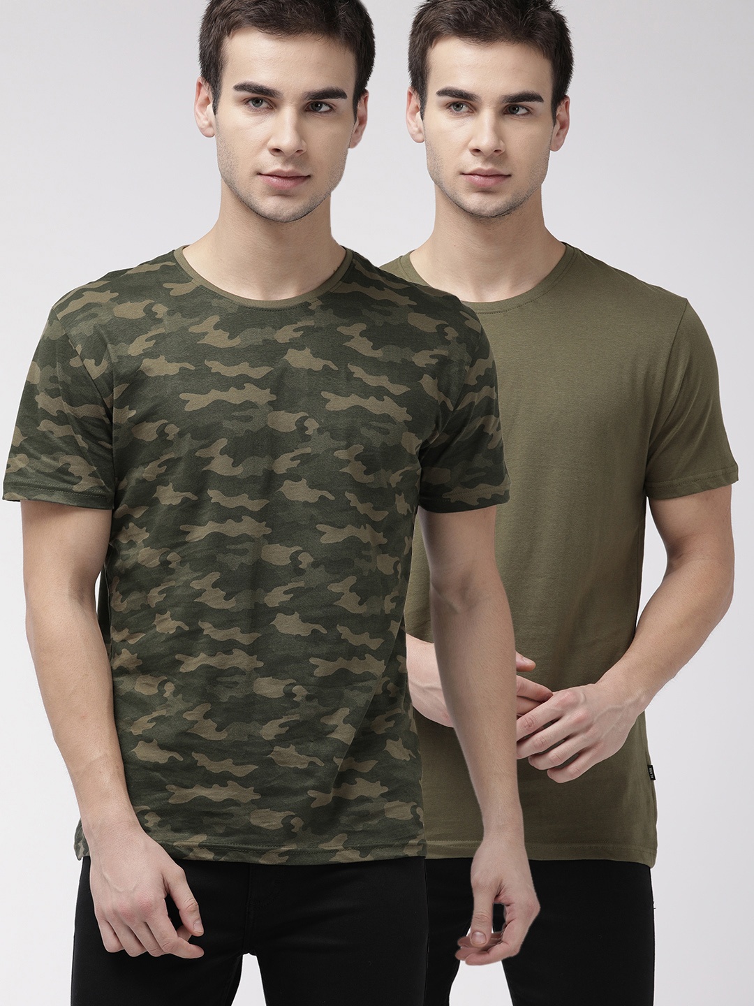 

HIGHLANDER Men Pack Of 2 Slim Fit Round Neck Pure Cotton T-shirts, Olive