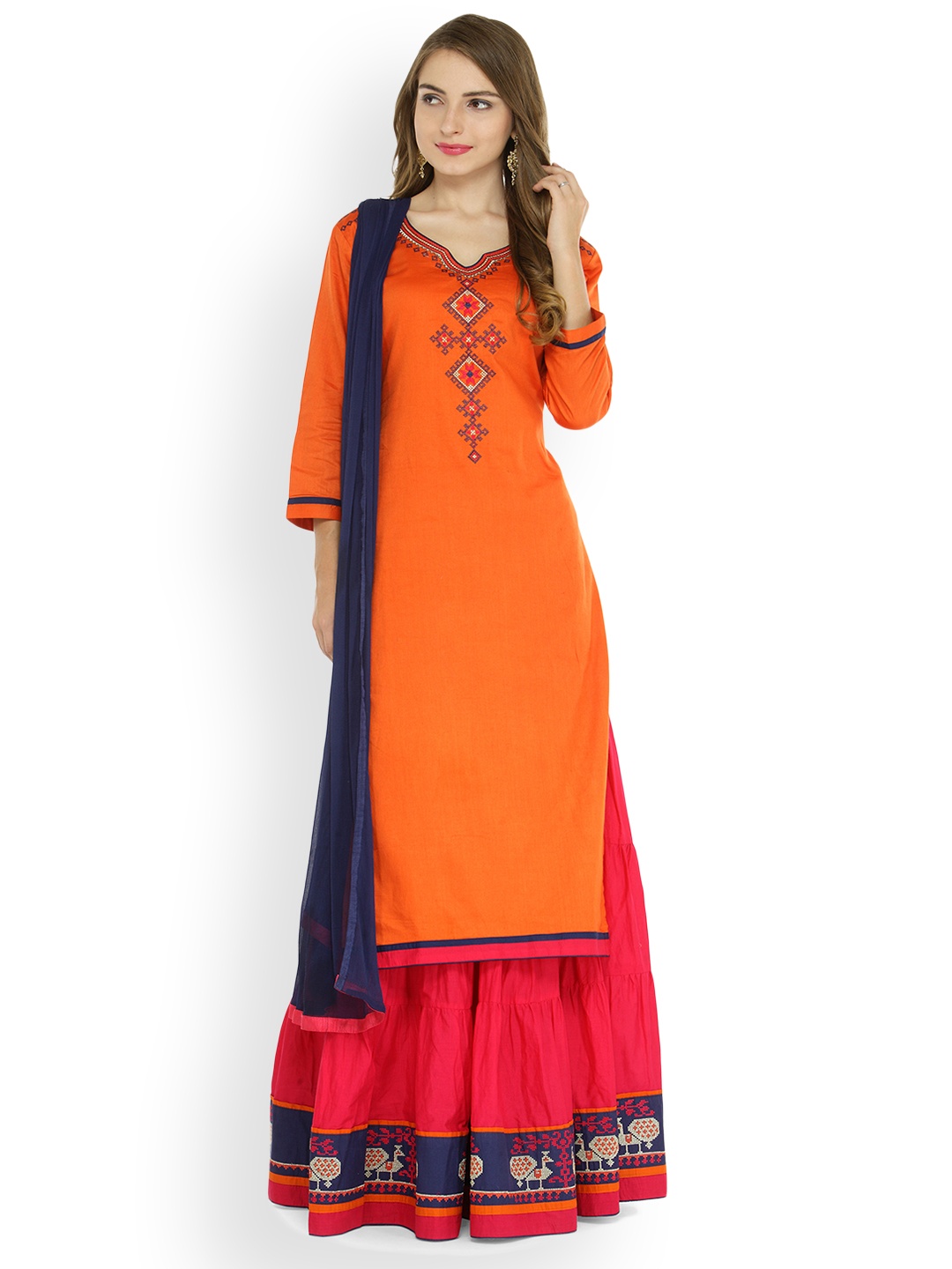 

Kvsfab Orange & Blue Cotton Blend Semi-Stitched Dress Material