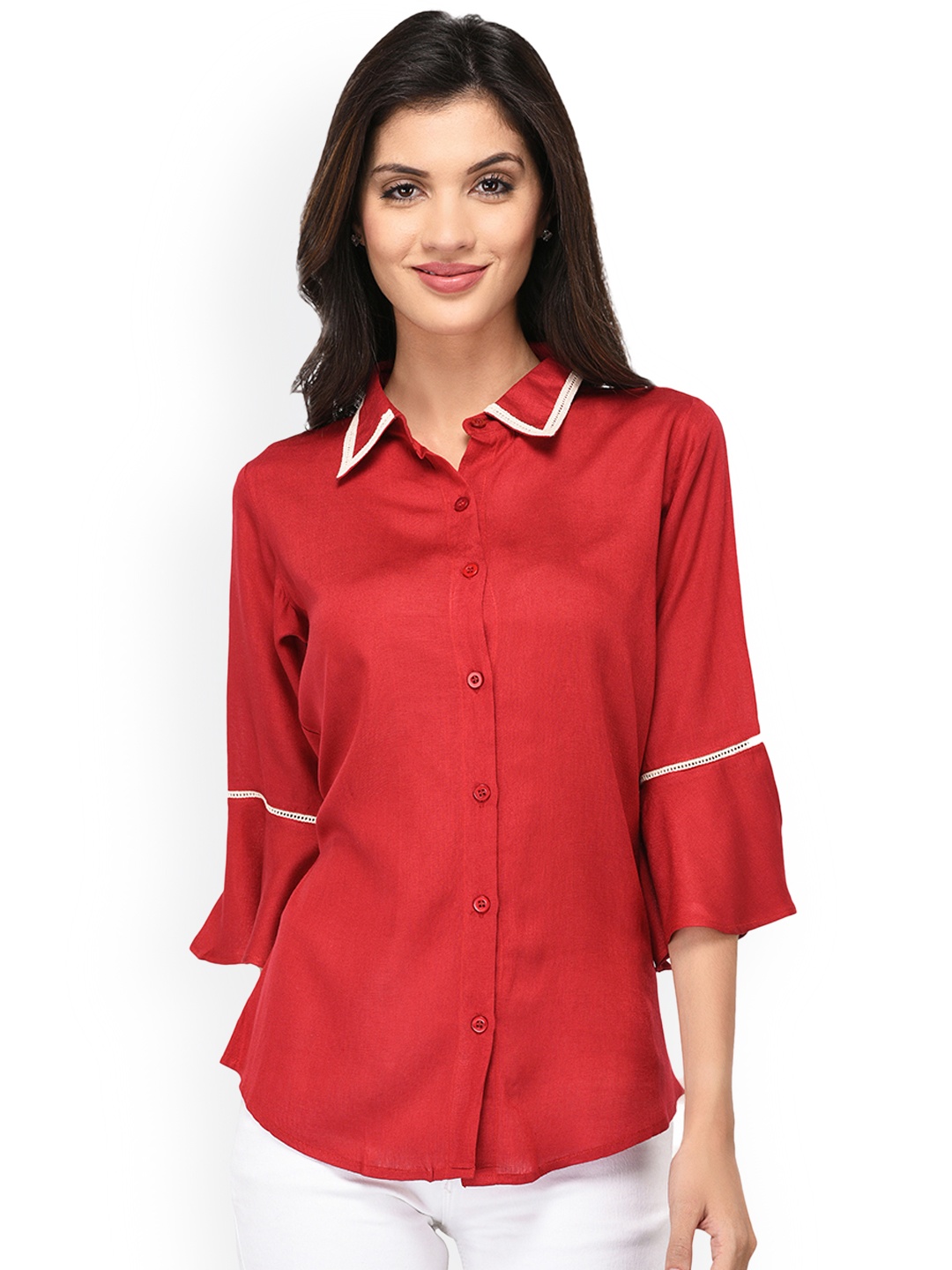 

PURYS Women Red Regular Fit Solid Casual Shirt