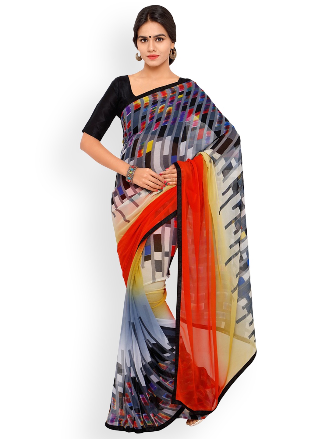 

Shaily Orange & Blue Pure Georgette Printed Saree