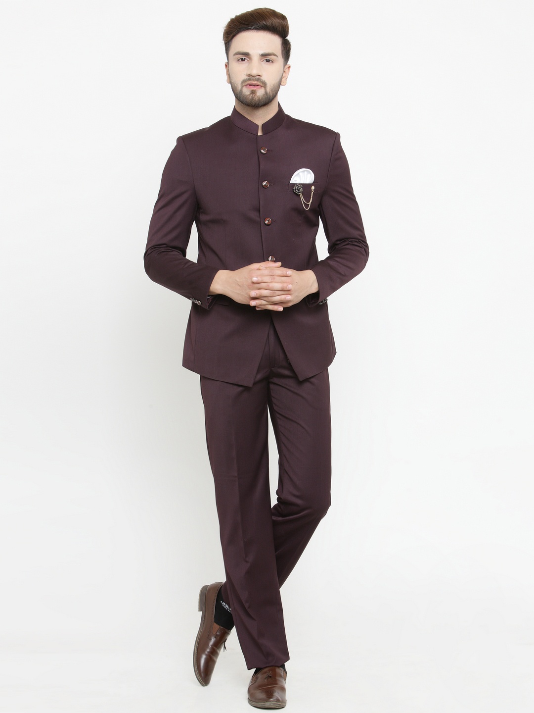 

LUXURAZI Maroon Solid Single-Breasted Bandhgala Suit