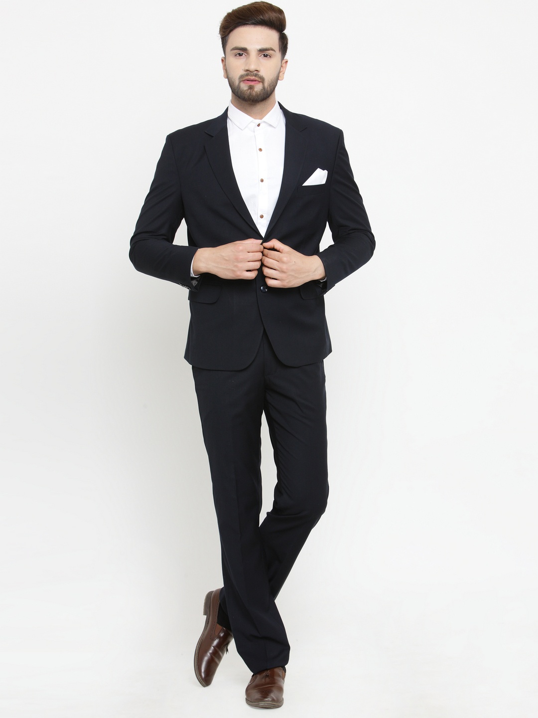 

LUXURAZI Navy Blue Solid Single-Breasted Bandhgala Suit