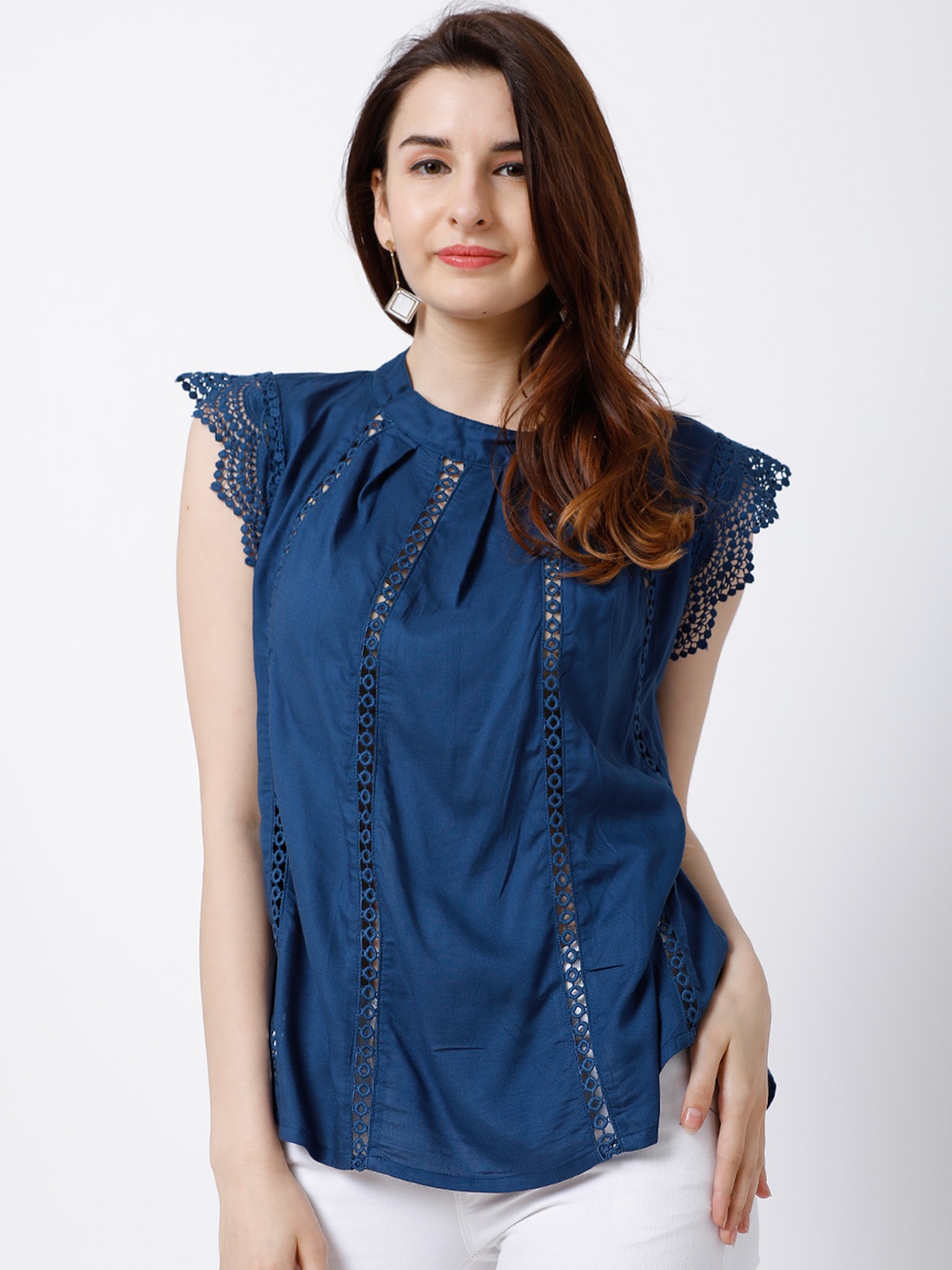 

Tokyo Talkies Women Blue Solid Top with Lace Inserts