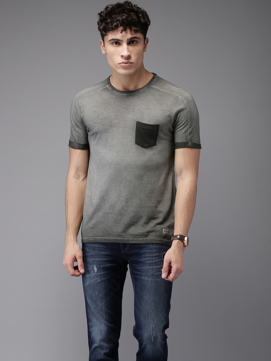 

Flying Machine Men Grey Dyed Round Neck Pure Cotton T-shirt