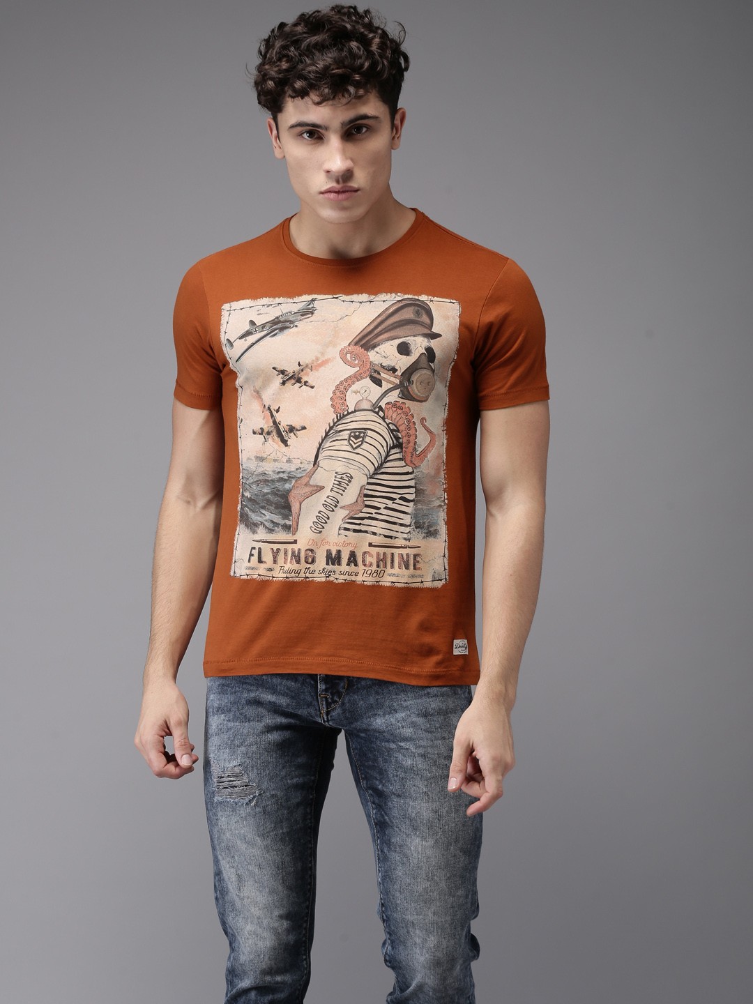 

Flying Machine Men Brown Printed Round Neck Pure Cotton T-shirt