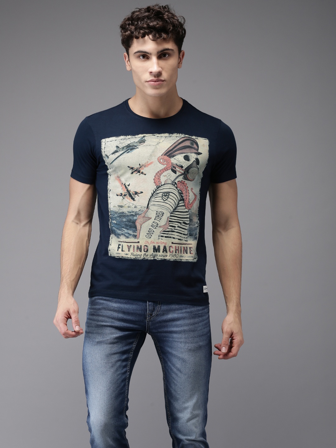 

Flying Machine Men Navy Printed Round Neck Pure Cotton T-shirt, Navy blue