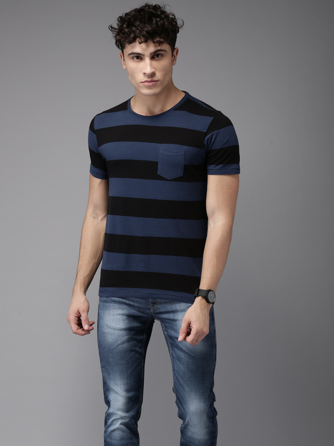 

Flying Machine Men Navy Black Striped Round Neck Pure Cotton T-shirt