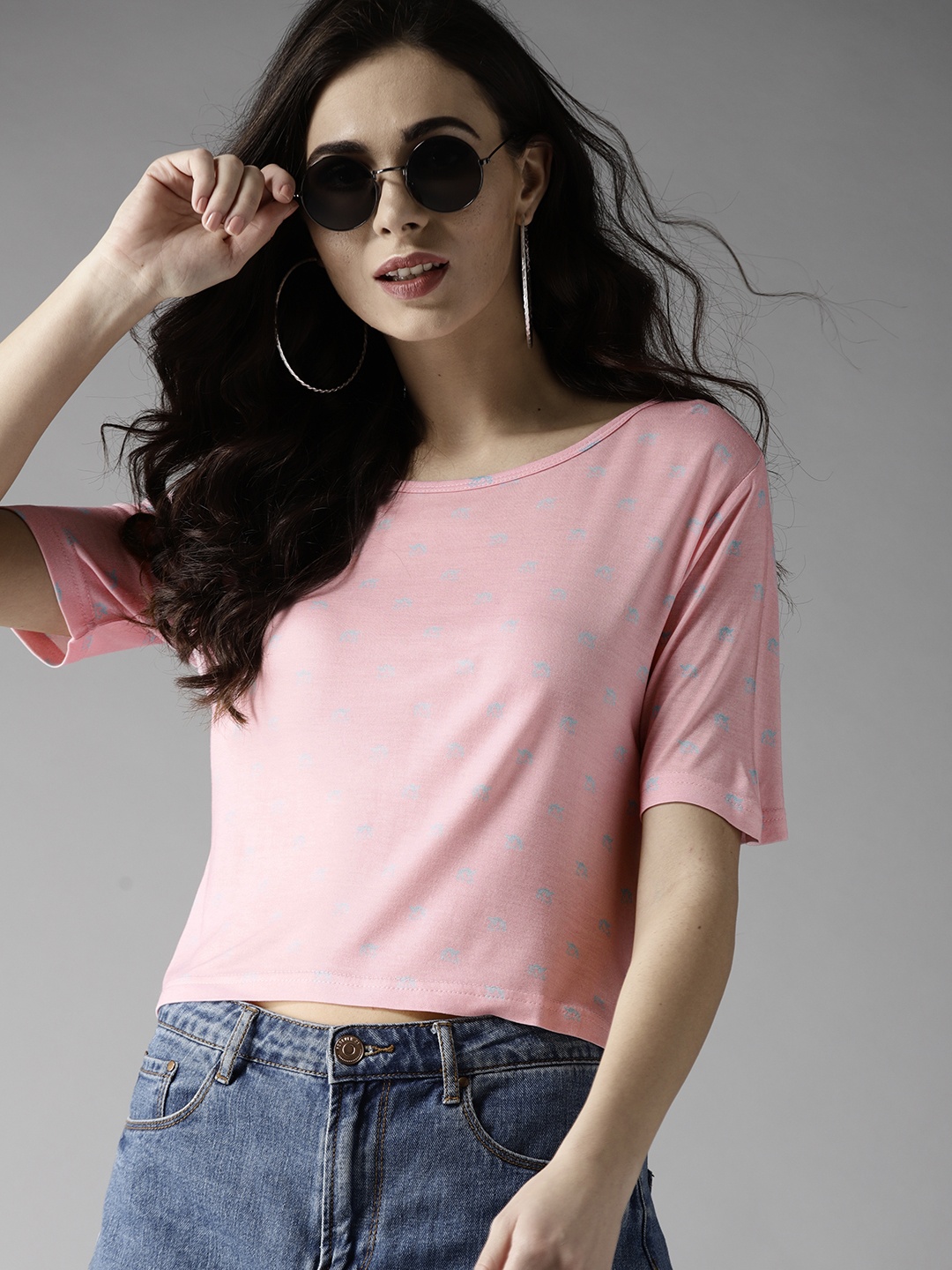 

Moda Rapido Women Pink Printed Round Neck Cropped T-shirt