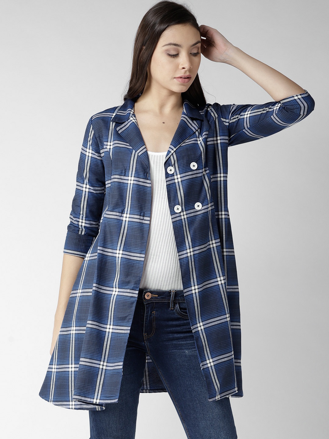 

Style Quotient by noi Women Blue Checked Longline Tailored Jacket