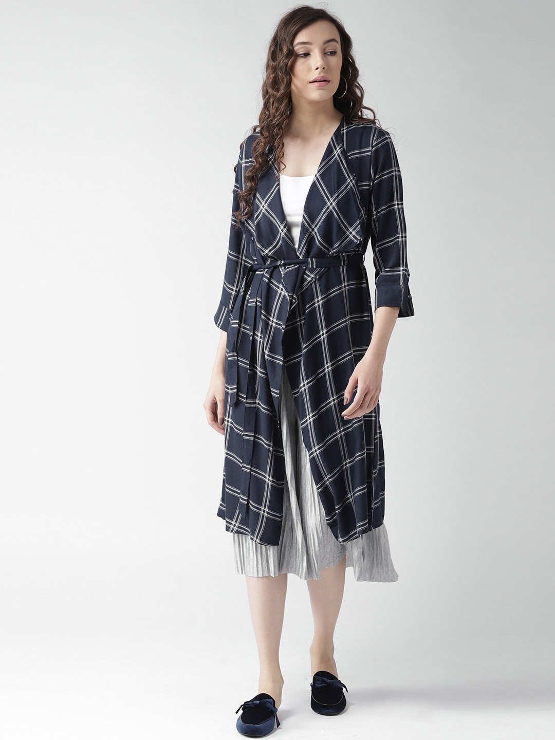 

Style Quotient by noi Navy Blue & White Checked Longline Waterfall Shrug