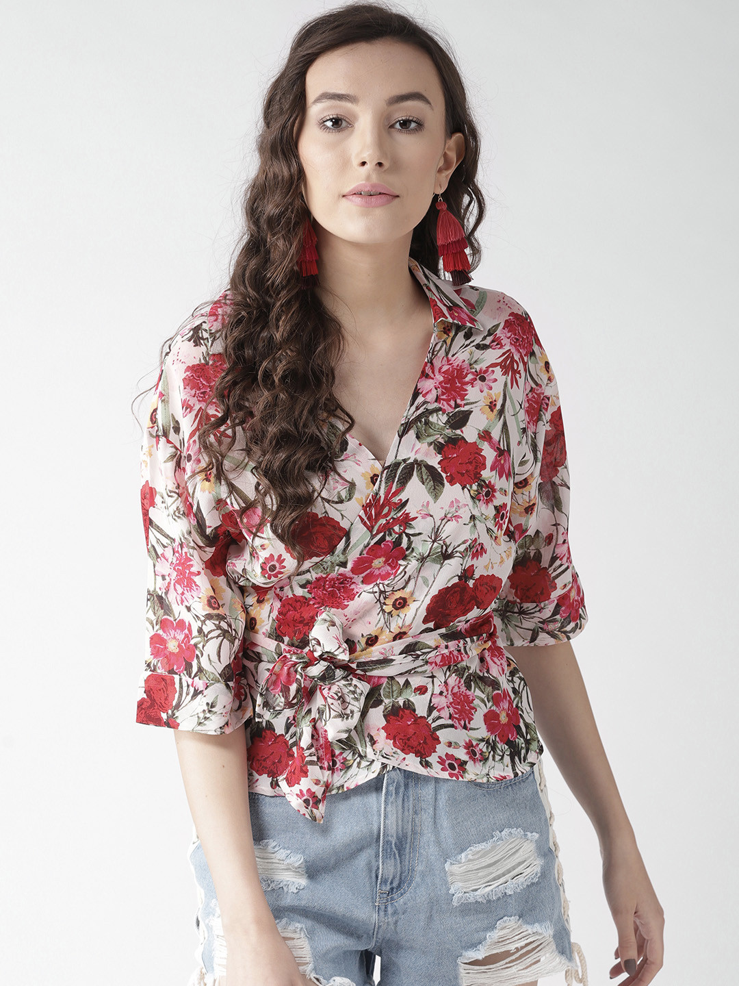 

Style Quotient Women White & Red Printed Wrap Top