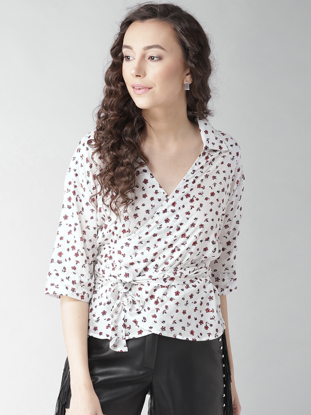 

Style Quotient Women White & Red Printed Wrap Top