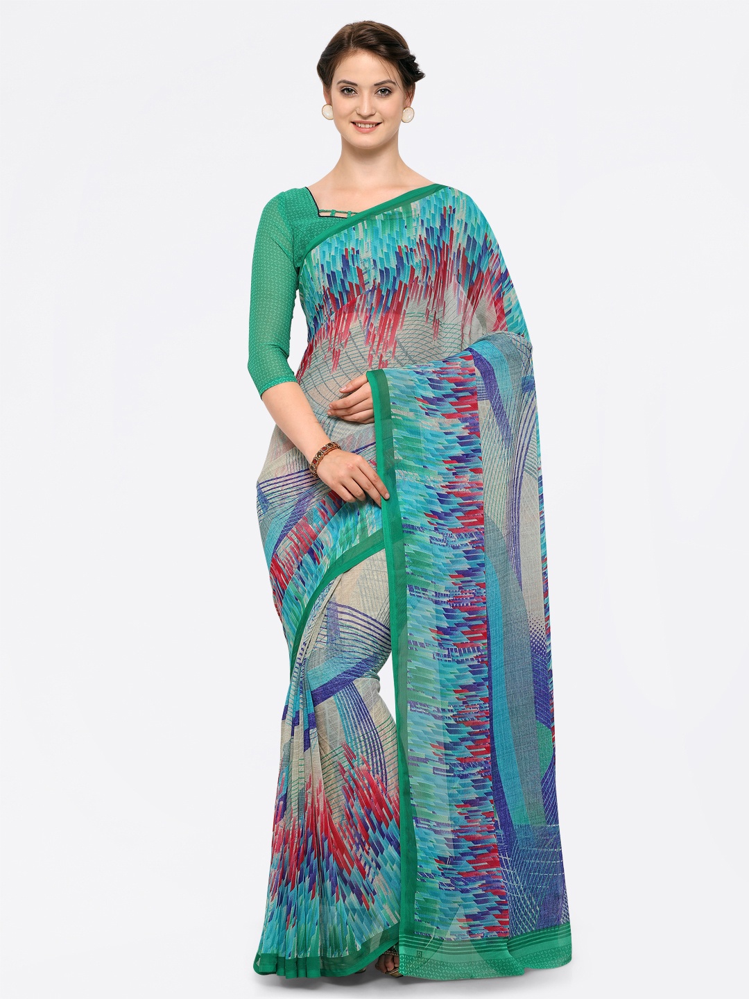 

Vaamsi Blue & Grey Poly Chiffon Printed Saree