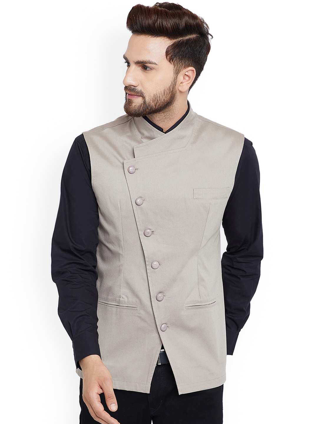 

Hypernation Men Beige Solid Pure Cotton Waistcoat