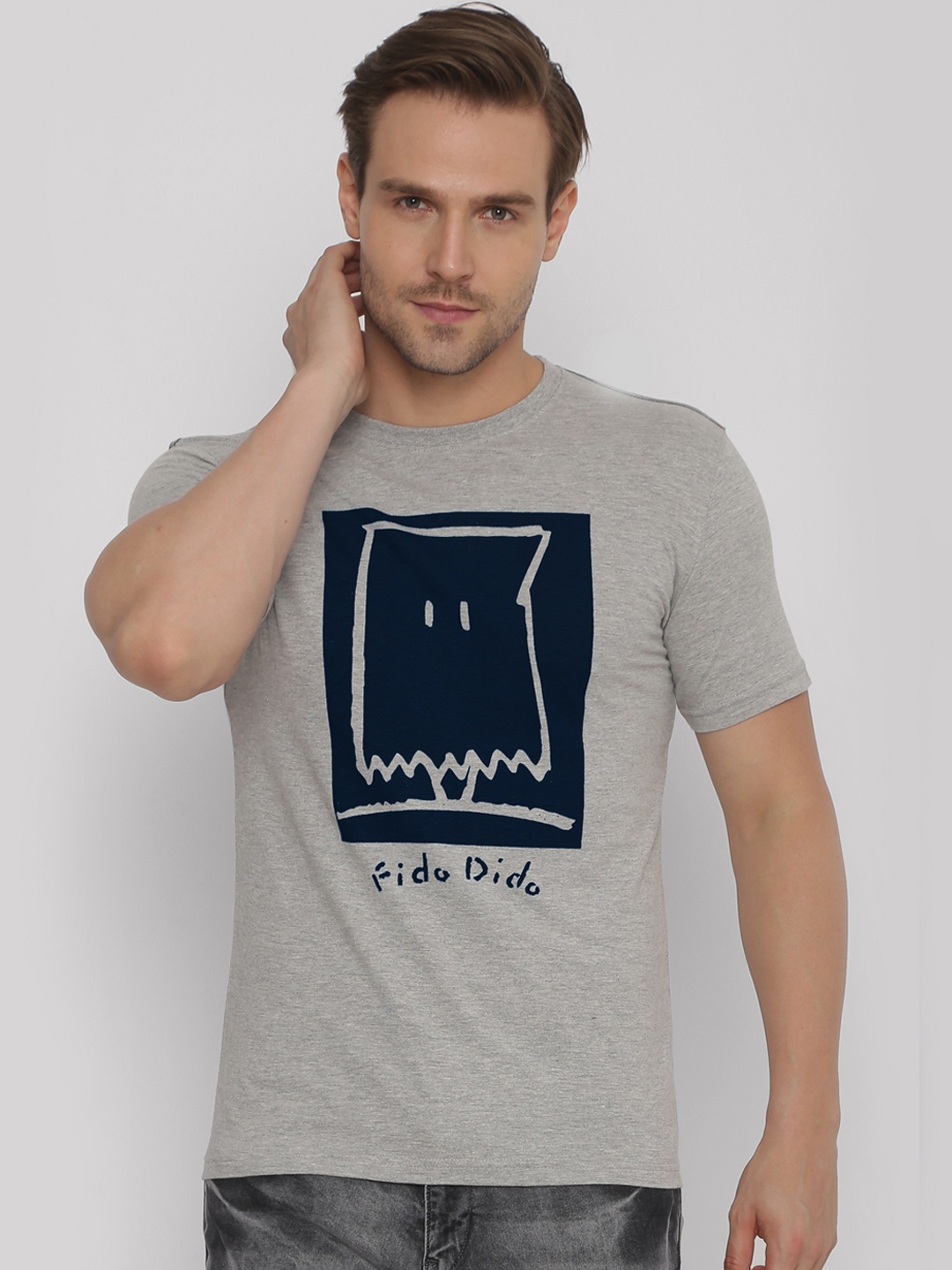 

FIDO DIDO Men Grey Printed Round Neck T-shirt