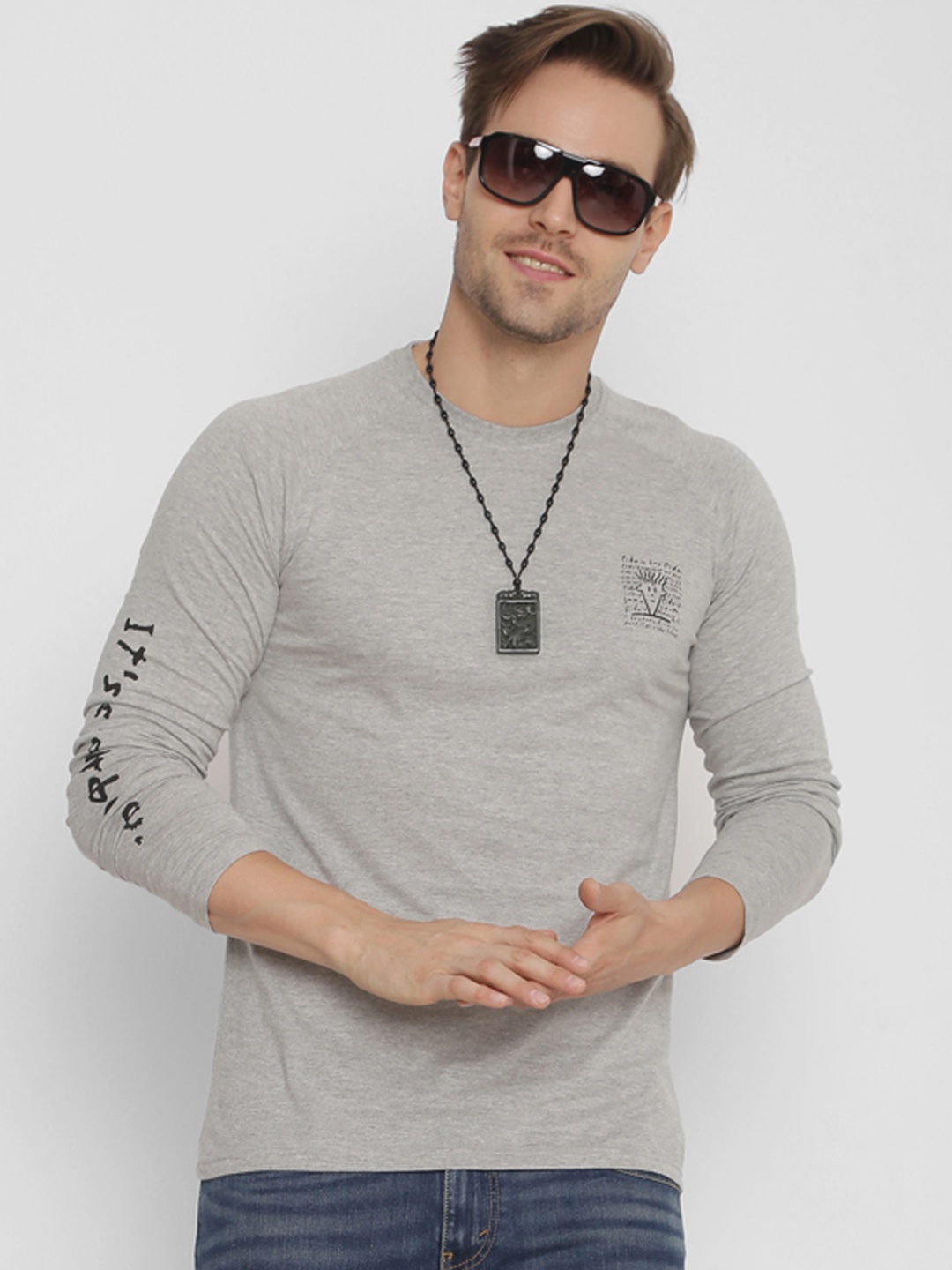

FIDO DIDO Men Grey Printed Round Neck T-shirt